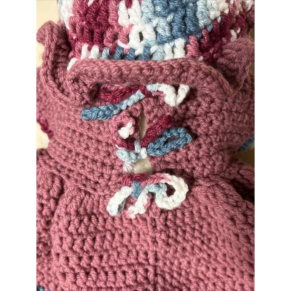 Bear In Handmade Crochet Dress W/ Hat Bear Has Movable Arms & Legs